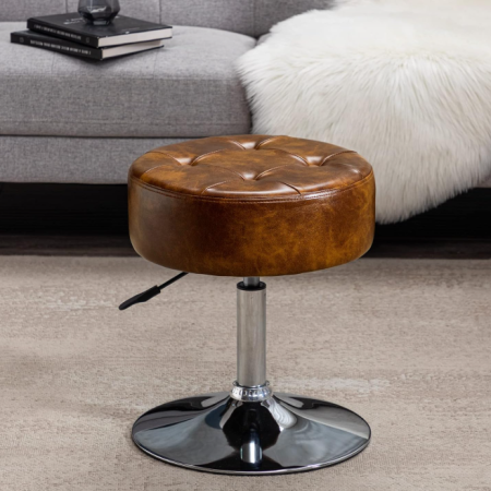 Faux Leather Vanity Chair, Swivel Makeup Stool Living Room Chair Upholstered Round Ottoman Stool Chair for Bedroom Entryway, Yellowish Brown