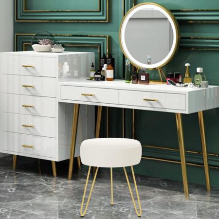 Multifunctional Vanity Stools - Velvet Round Ottoman Modern Dressing Stool -Upholstered Footrest Stool - Side Table Footstool with Golden Metal Leg for Living Room, Bedroom(Beige)