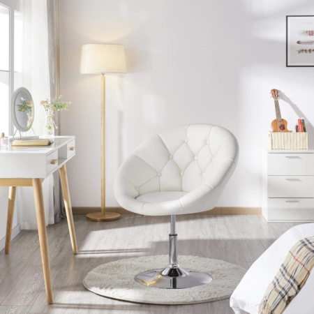 Vanity Chair Makeup Swivel Accent Chair Height Adjustable Round Back Tilt Chair with Chrome Frame for Makeup Room, Living Room, White
