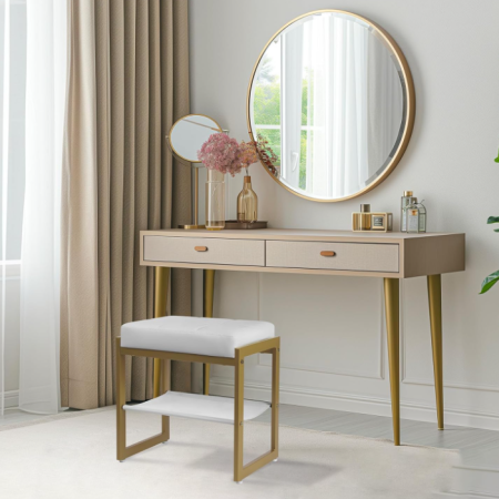 Vanity Stool, Faux Leather Vanity Chair Stool for Dressing Table, Modern Gold Metal Footstool Ottoman for Bedroom & Living Room, White & Gold
